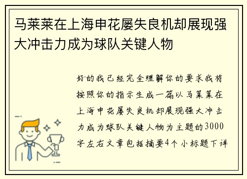 马莱莱在上海申花屡失良机却展现强大冲击力成为球队关键人物